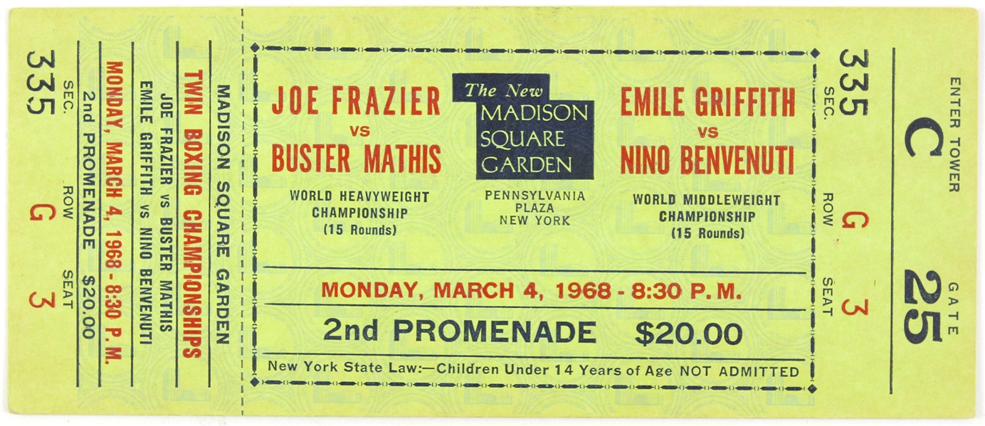 1968 Joe Frazier vs Buster Mathis and Emile Griffith vs Nino Benvenuti 2 ¾ x 6 ½ Full Ticket 