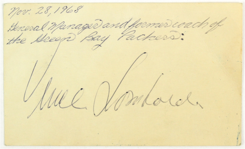 1968 Vince Lombari Green Bay Packers Autographed 3x5 Index Card (JSA) 