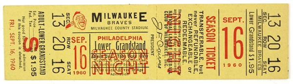 1960 Warren Spahn Milwaukee Braves No Hitter 1 ½” x 5 ½” Full Ticket