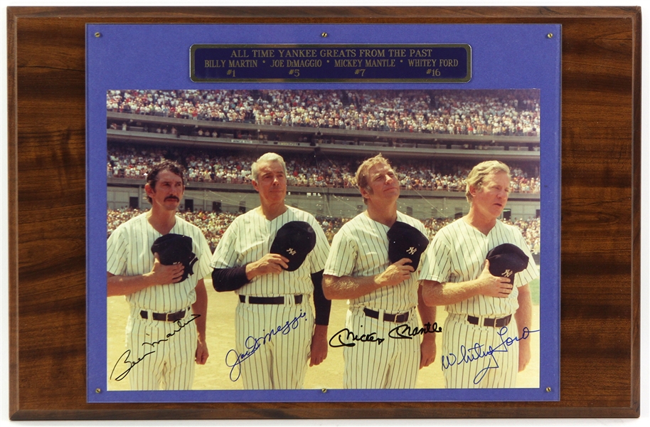 All Time New York Yankee Greats 13x20 Plaque Signed by Mickey Mantle, Joe Dimaggio, Whitey Ford, & Bill Martin (JSA) *