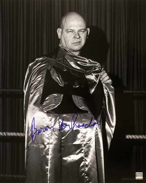 Baron Von Raschke AWA Wrestling Legend (posed in cape) Signed LE 16x20 B&W Photo (JSA)