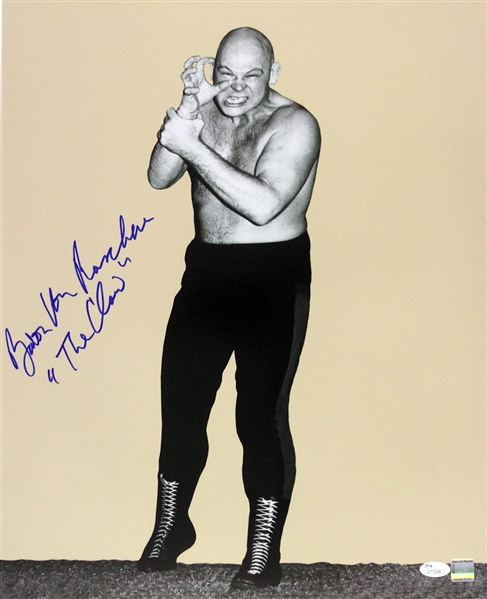 Baron Von Raschke AWA Wrestling Legend (the claw pose, yellow background) Signed LE 16x20 Color Photo (JSA)