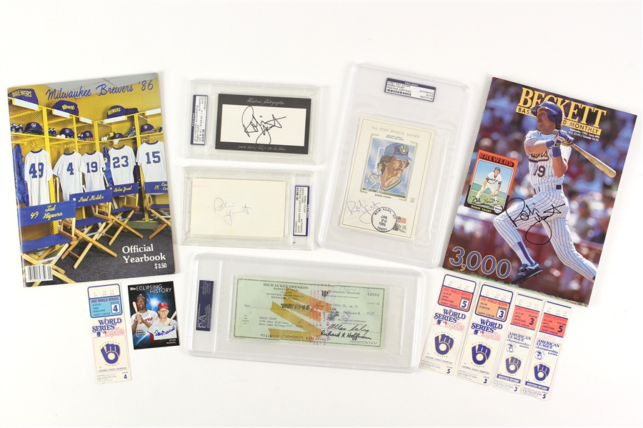 1970s-2000s Milwaukee Brewers Memorabilia Collection - Lot of 12 w/ Robin Yount Signed Items, World Series Ticket Stubs & Stan Musial Signed Card (JSA)