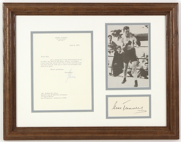 1972 Gene Tunney Signed 15" x 19" Framed Letter and Index Card (JSA)