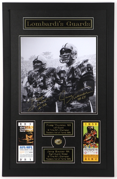 1958-1968 Fuzzy Thurston & Jerry Kramer Green Bay Packers Recently Signed 20" x 31" Framed Photo w/ Ticket Stubs (JSA)