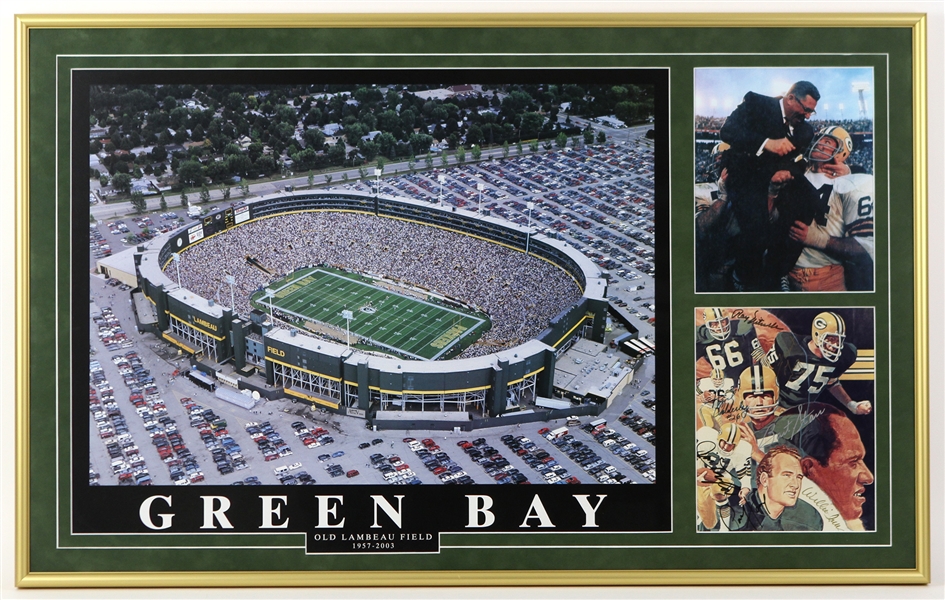 1960s Green Bay Packers 24" x 39" Framed Lambeau Field Print with Photos Recently Signed by Ray Nitschke, Jim Taylor, and more (JSA)