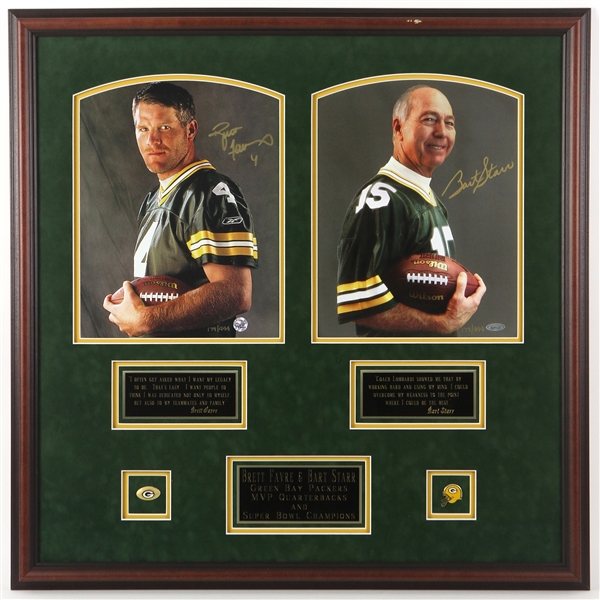1990s Brett Favre/Bart Starr Green Bay Packers Signed 30 1/2" x 31" Framed Photos (Brett Favre Hologram)