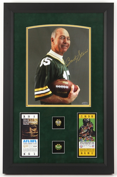 1956-1971 Bart Starr Green Bay Packers Signed 19" x 29" Framed Photo w/ Ticket Stubs (JSA)