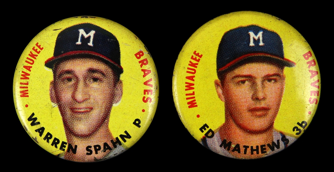 1956 Topps Warren Spahn & Eddie Mathews Milwaukee Braves 1" Pins (Lot of 2)