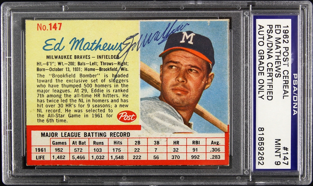 1962 Eddie Mathews Milwaukee Braves Signed No. 147 Post Cereal Card (PSA/DNA Slabbed)