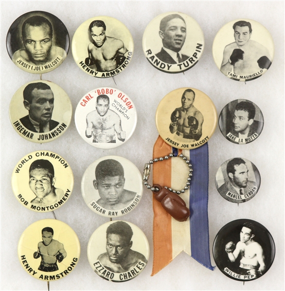 1940s-50s Boxing Pinback Button Collection - Lot of 14 w/ Sugar Ray Robinson, Jersey Joe Walcott, Jake La Motta & More 
