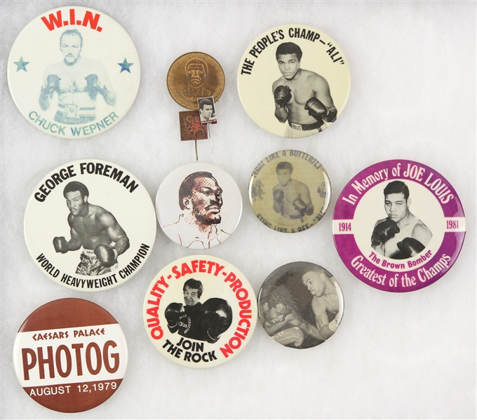 1970s-80s Boxing Pinback Button Collection - Lot of 12 w/ Muhammad Ali, Joe Louis, George Foreman & More