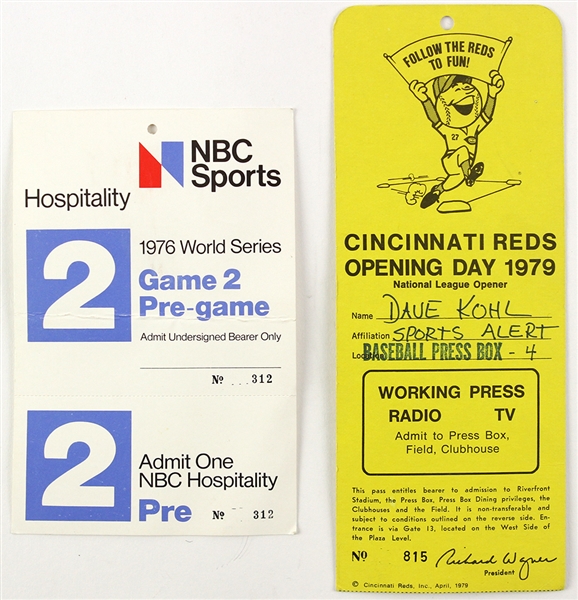 1976-79 World Series Game 2 Pass & Cincinnati Reds Opening Day Press Pass 