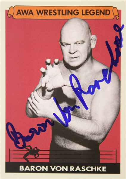 Baron Von Raschke AWA Wrestling Legend (red background) Signed LE Trading Card (JSA)