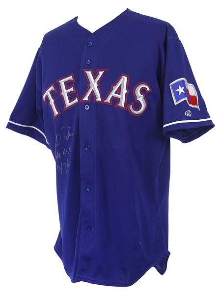 2002 (May 7) Rafael Palmeiro Texas Rangers Signed Game Worn Alternate Jersey (MEARS A10/JSA/Player Letter) Career HR #455
