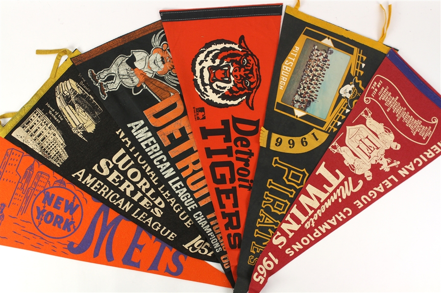 1950s-1980s Baseball and Basketball Pennants Including Milwaukee Brewers, Detroit Tigers, and more
