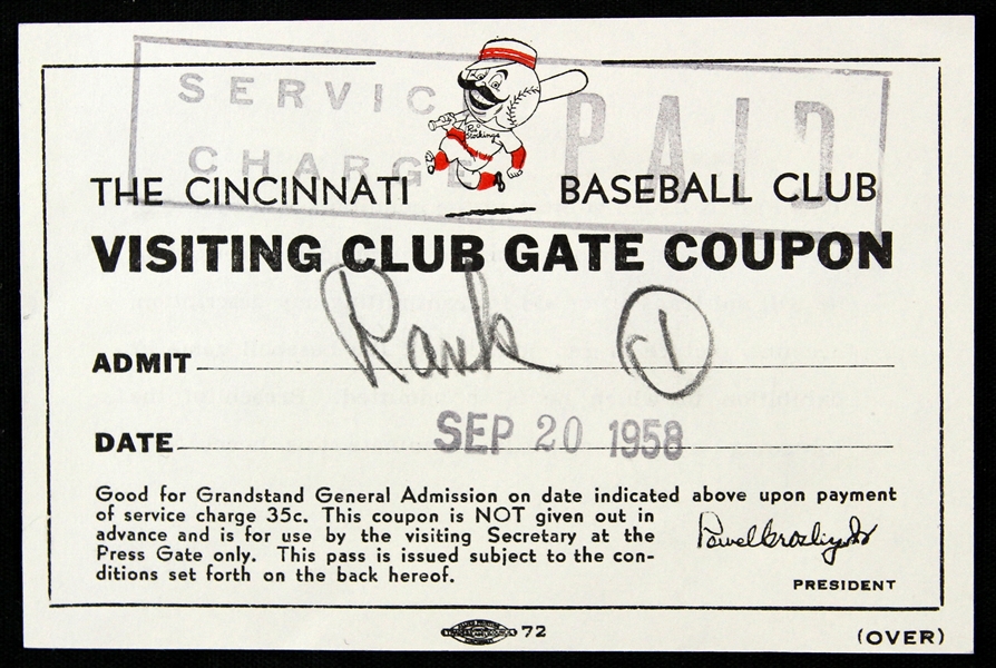 1958 Cincinnati Reds Visiting Club Gate Coupon 