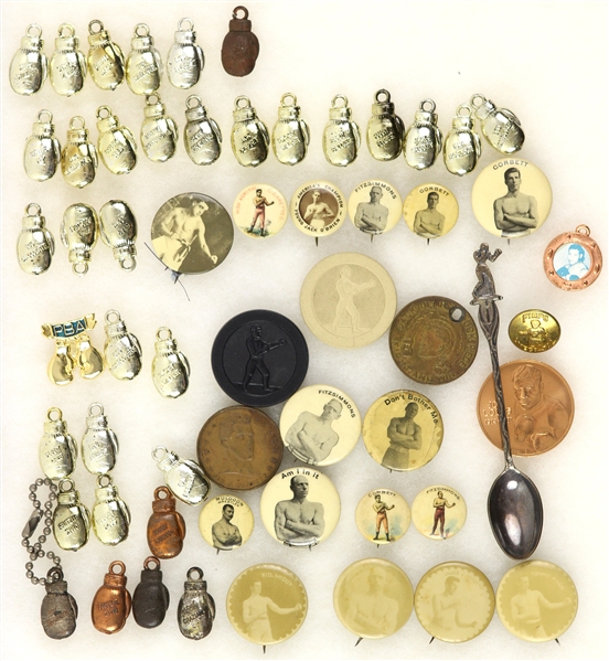 1890s-1950s Boxing Pinback Buttons, Boxing Glove Charms and Coins (Lot of 57)