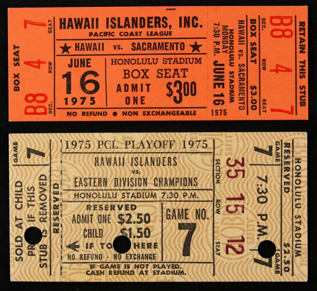 1975 Hawaii Islanders PCL Honolulu Stadium Full Ticket (Playoff & Regular Season)