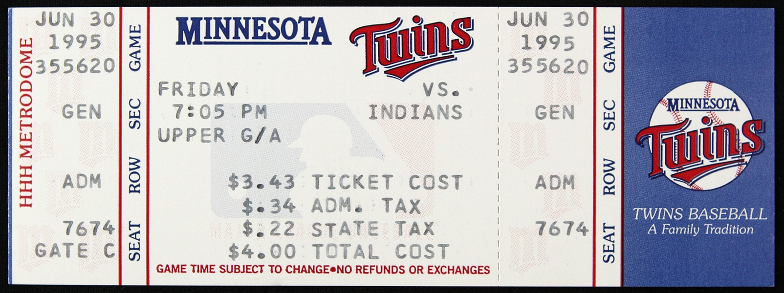 1995 Eddie Murray 3000 Hit Minnesota Twins vs Cleveland Indians Full Ticket