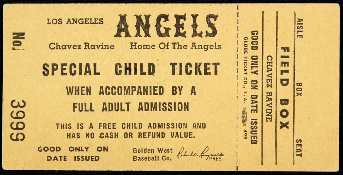 1960s Los Angeles Angels Chavez Ravine Special Child Ticket Stub 