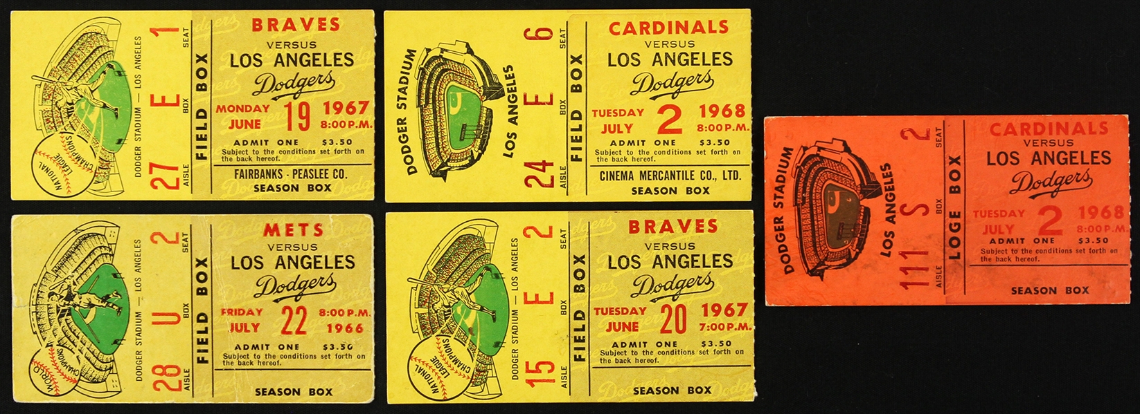 1966-68 Dodger Stadium Ticket Stubs (Lot of 5)