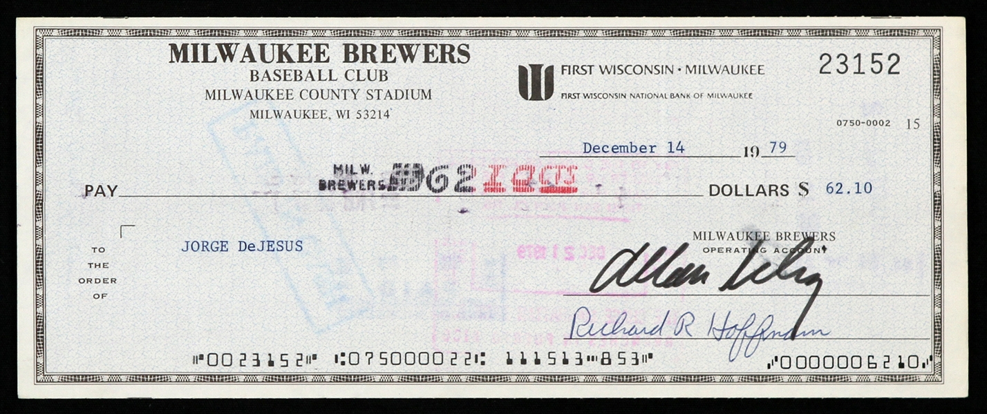 1979 Bud Selig / Jorge DeJesus Milwaukee Brewers Signed Check (MEARS LOA)