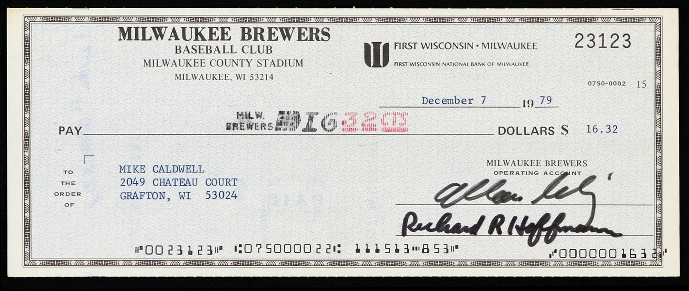 1979 Bud Selig / Mike Caldwell Milwaukee Brewers Signed Check (MEARS LOA)