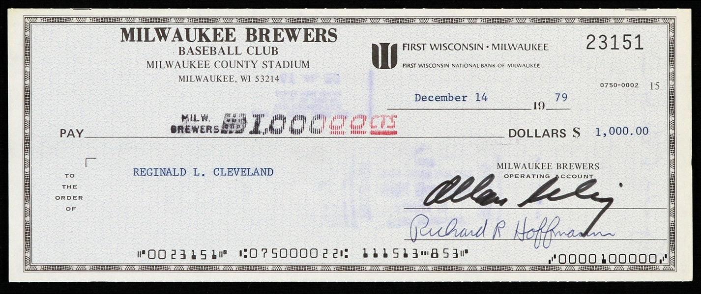 1979 Bud Selig / Reginald Cleveland Milwaukee Brewers Signed Check (JSA)