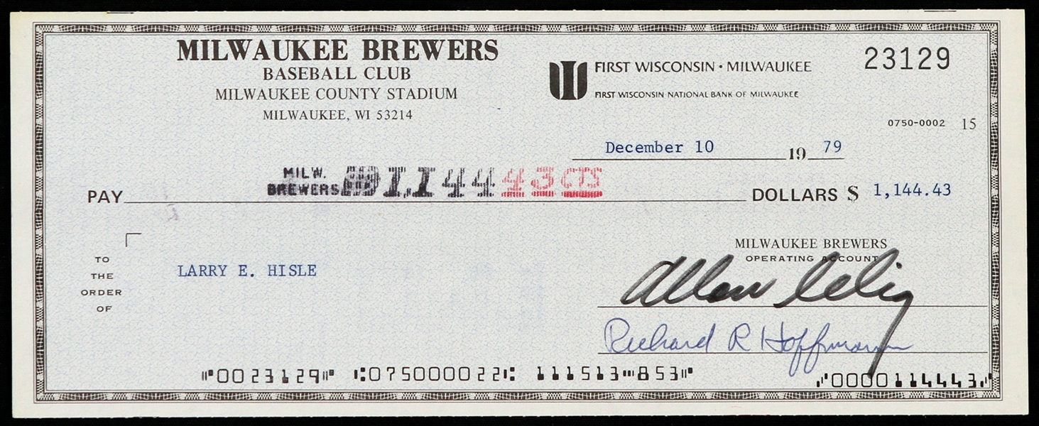 1979 Bud Selig / Larry Hisle Milwaukee Brewers Signed Check (JSA)