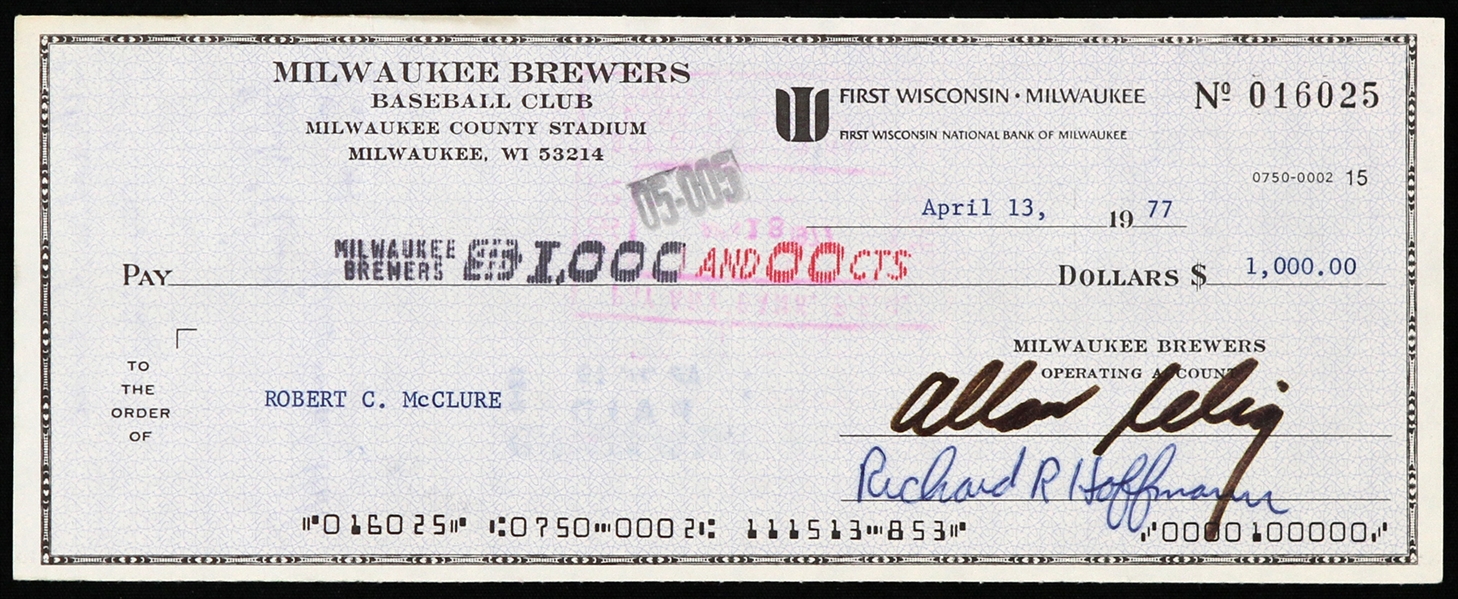 1977 Bud Selig / Bob McClure Milwaukee Brewers Signed Check (JSA)
