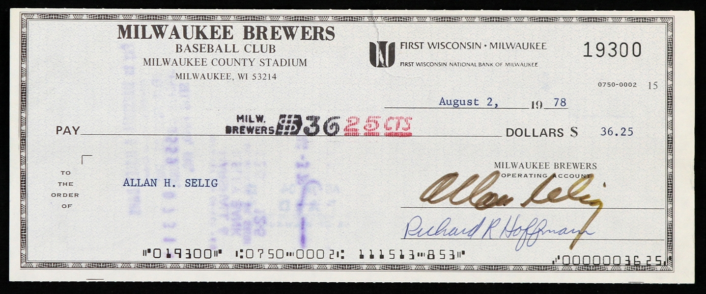 1978 Bud Selig Milwaukee Brewers Signed Check (JSA)