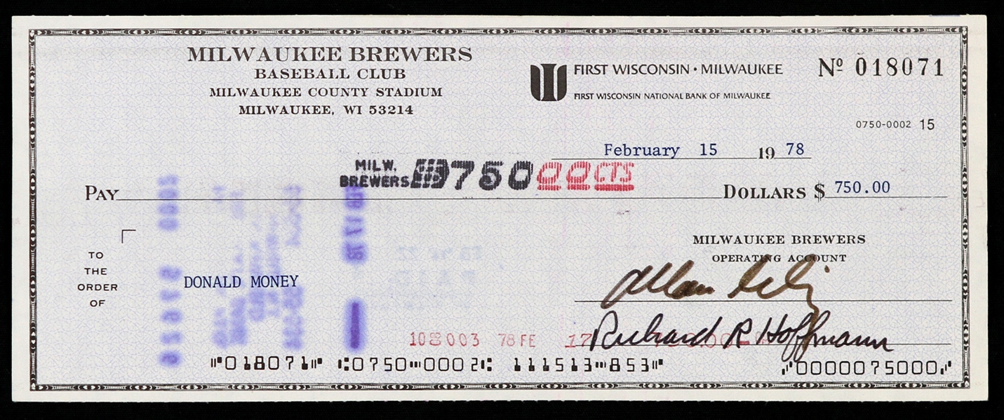 1978 Bud Selig / Donald Money Milwaukee Brewers Signed Check (JSA)