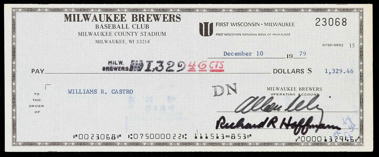 1979 Bud Selig / William Castro Milwaukee Brewers Signed Check (MEARS LOA)