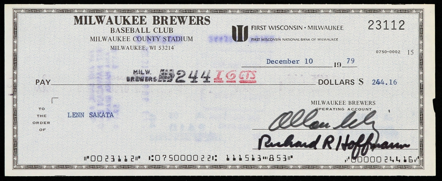 1979 Bud Selig / Lenn Sakata Milwaukee Brewers Signed Check (JSA)