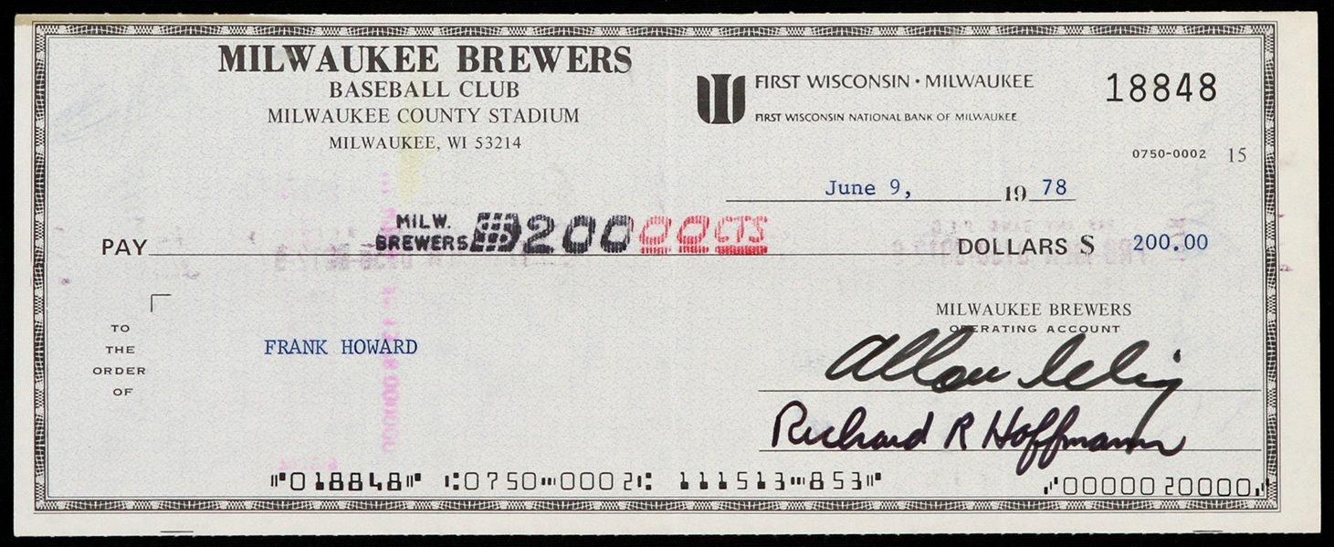 1978 Bud Selig / Frank Howard Milwaukee Brewers Signed Check (JSA)