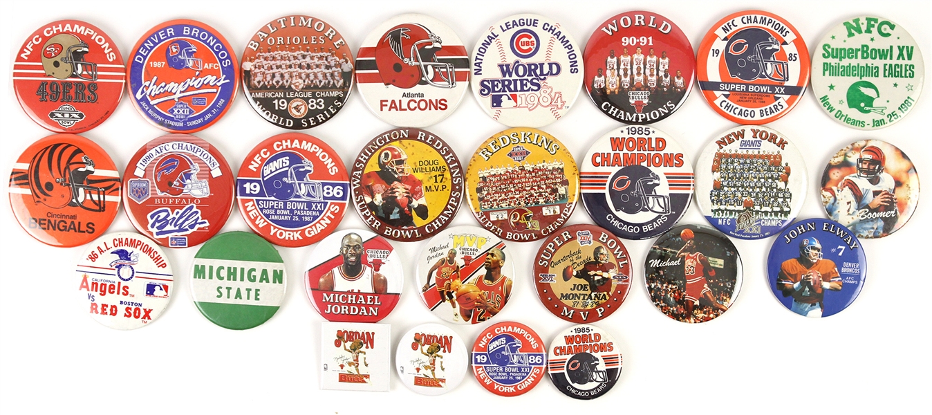 1980s-1990s Baseball, Basketball, and Football 2”- 3 ½” Pinback Buttons (Lot of 1500+)