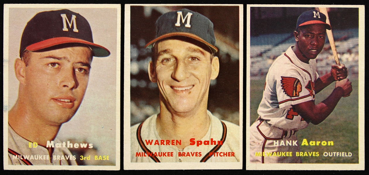 1957 Hank Aaron / Warren Spahn / Ed Mathews Milwaukee Braves Topps Trading Cards 