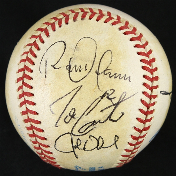 1993 World Series Champion Toronto Blue Jays Multi Signed OAL Brown Game Used Baseball w/ 6 Signatures Including Rickey Henderson, Roberto Alomar, Joe Carter & More (MEARS LOA/JSA)