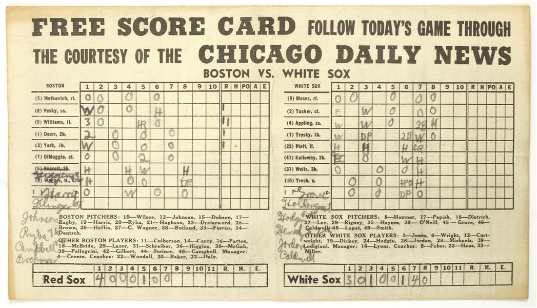 1940s Boston vs White Sox Chicago Daily News Score Card 