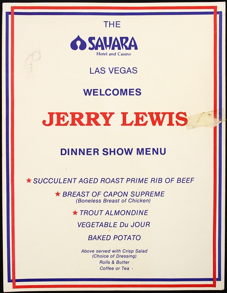 1970s Jerry Lewis Las Vegas 8"x 10" Dinner Show Menu 