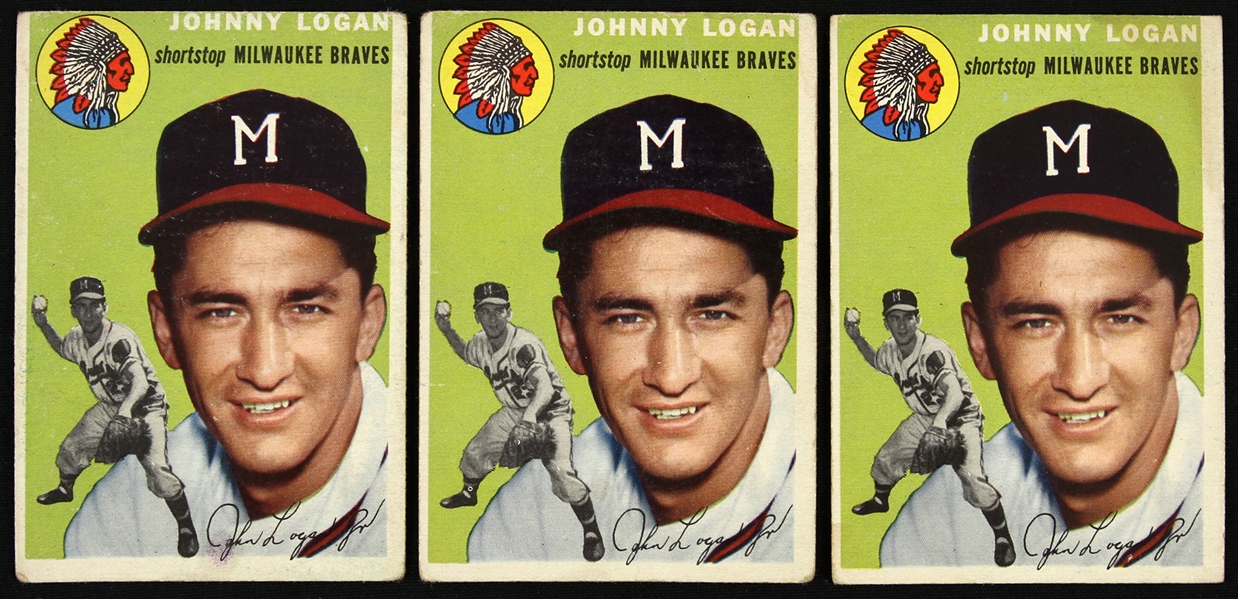 1954 Johnny Logan Milwaukee Braves Topps Trading Cards (Lot of 3)