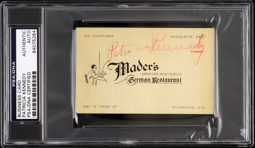 1924-2006 Patricia Kennedy Signed Maders Restaurant Business Card (PSA/DNA Slabbed)