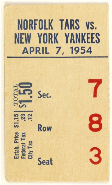 1954 Norfolk Tars vs New York Yankees Ticket Stub
