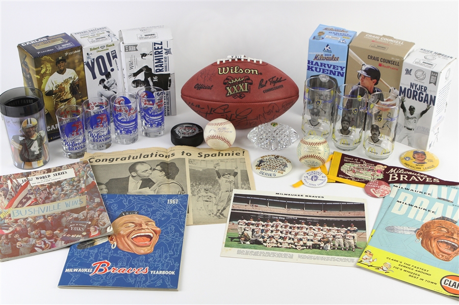 1950s-2000s Green Bay Packers and Milwaukee Braves / Brewers Photos, Scorecards, Baseballs, Bobble Heads and more (Lot of 40+)