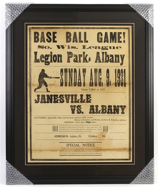 1931 Janesville vs Albany Southern Wisconsin League Baseball Game 28"x 34" Framed Advertisement