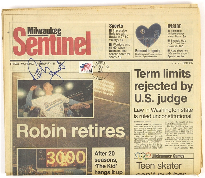 1994 Robin Yount Milwaukee Brewers Signed "Robin Retires" Milwaukee Journal Sentinel (JSA)