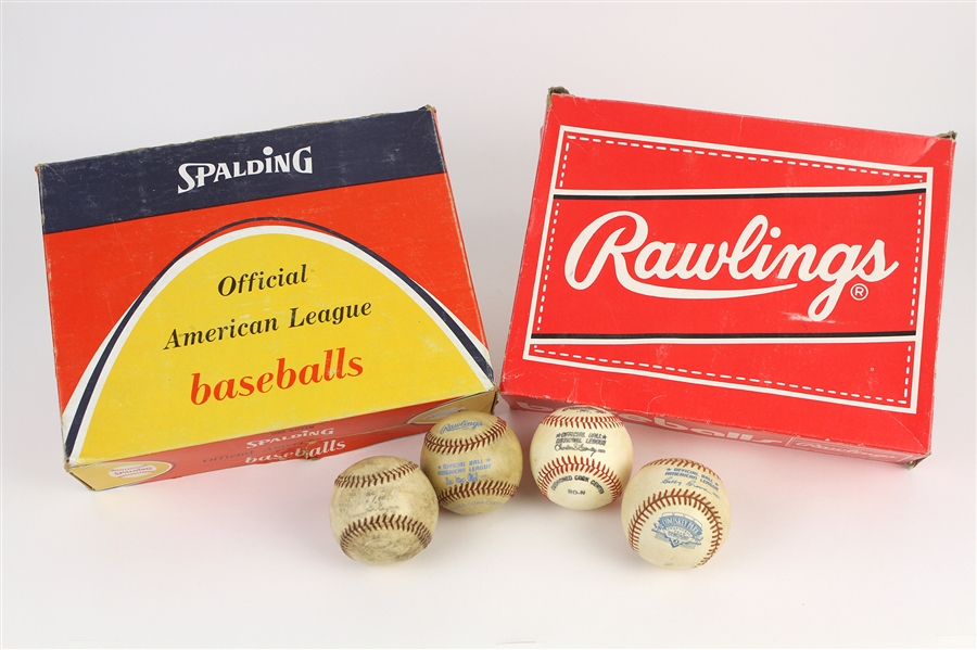 1952-91 Game Used Baseball & Empty Dozen Baseball Box Collection - Lot of 6 w/ ONL Giles, ONL Feeney, OAL MacPhail, OAL Brown Comiskey Park Inauguaral Year & More (MEARS LOA)
