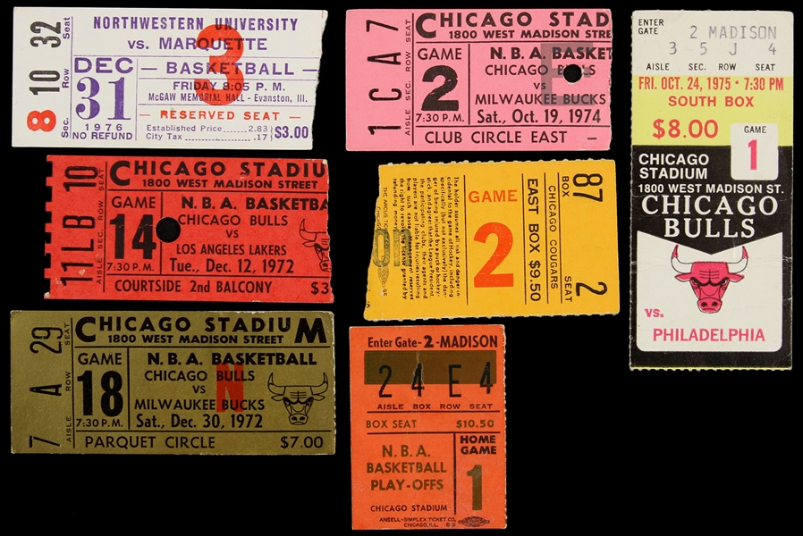 1970s Basketball Ticket Stubs Including Chicago Bulls, Milwaukee Bucks, Los Angeles Lakers and more (Lot of 7)