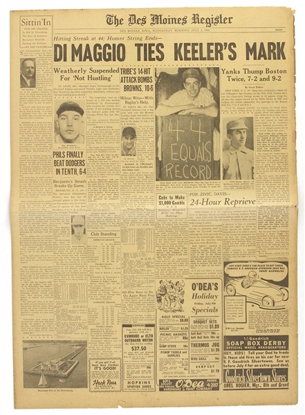 1941 Joe DiMaggio New York Yankees The Des Moines Register Newspaper